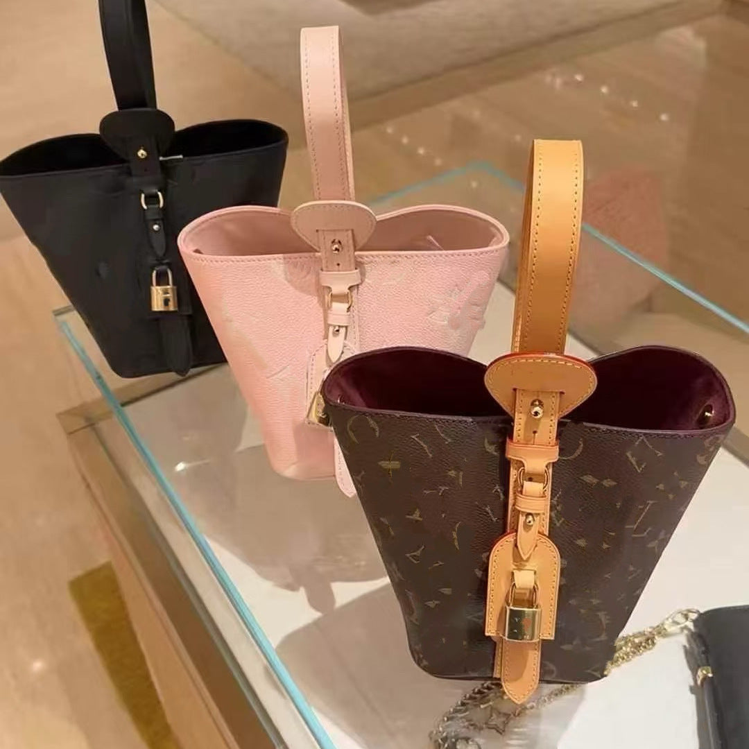 2025 New Style Bucket High-End Bow Retro Portable White Three-Color Bucket Bag Casual and Versatile Shoulder Bag