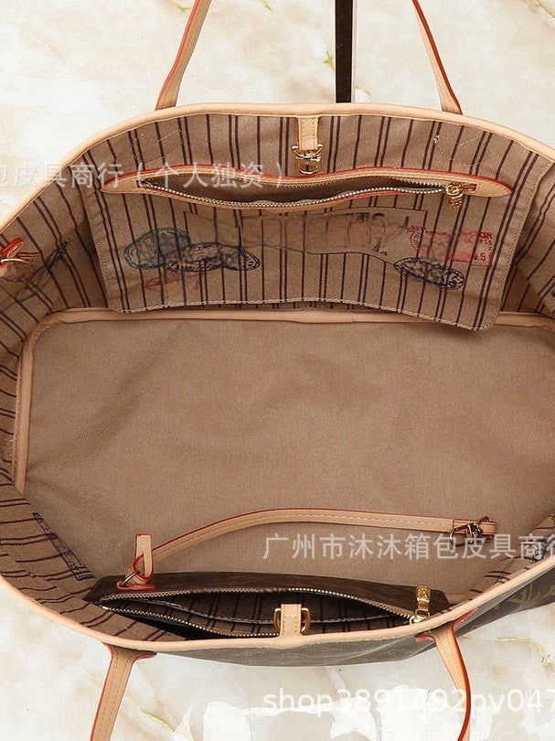 Neverful Old Flower Mother Shopping Bag All-match Large Capacity Genuine Leather Women's Handbag Cowhide Real Belt Double-sided Available