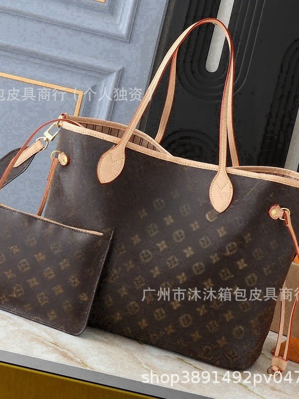 Neverful Old Flower Mother Shopping Bag All-match Large Capacity Genuine Leather Women's Handbag Cowhide Real Belt Double-sided Available