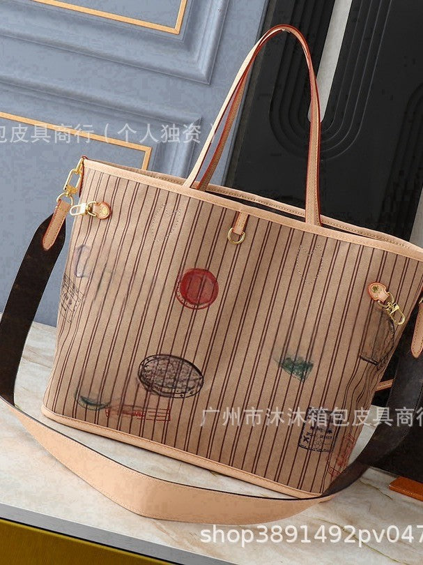 Neverful Old Flower Mother Shopping Bag All-match Large Capacity Genuine Leather Women's Handbag Cowhide Real Belt Double-sided Available